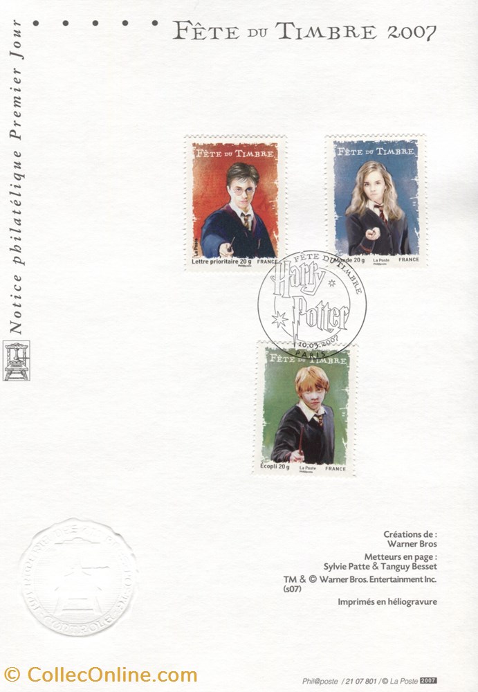 france notice 1er jour neuf 2007 fete du timbre harry potter