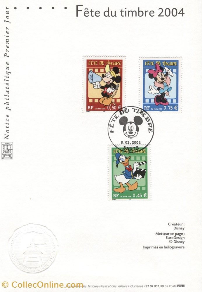 france notice 1er jour cachet 2004 fete du timbre mickey