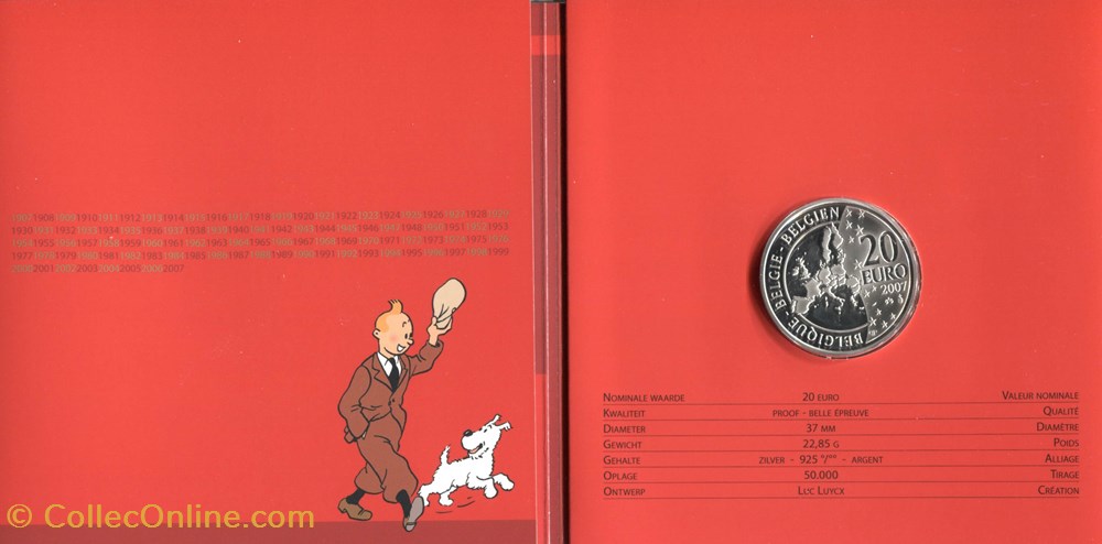Belgique - 2007 - 20€ - Belle épreuve - Hergé, une vie, une oeuvre 2 monnaie belgique 2007 20 belle epreuve herge une vie une oeuvre