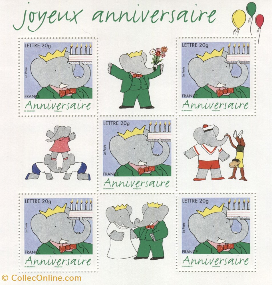 timbre france bloc neuf 5xlp babar joyeux anniversaire