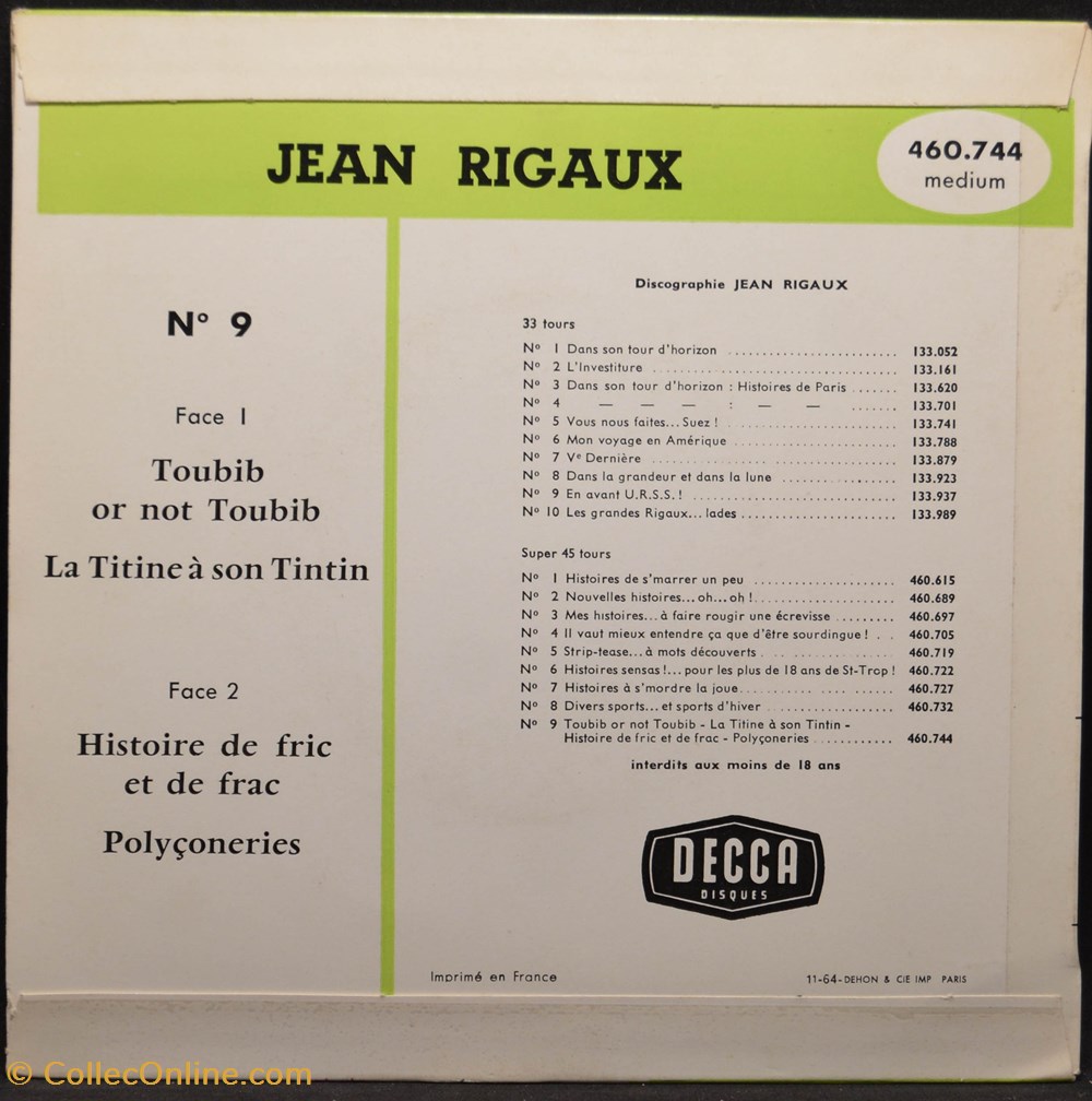 Vinyl - 45 tours - Jean Rigaux - n°9 divers vinyl 45 tours jean rigaux n 9