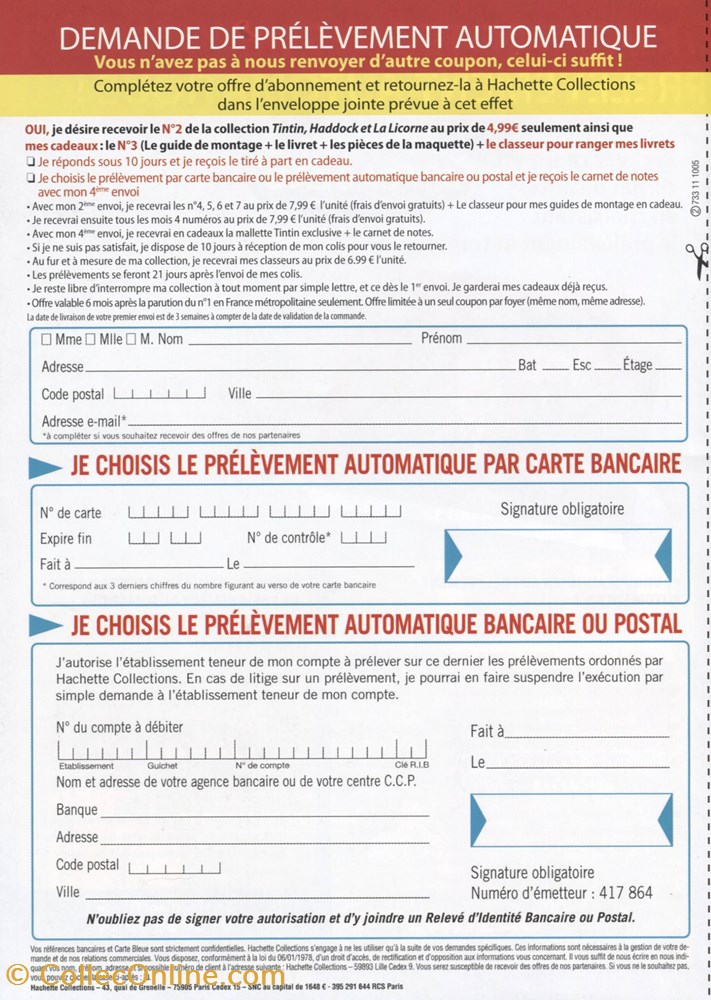 Hachette - La Licorne - 2011 - Offre de prélèvement 3 vieux papier ticket entree hachette la licorne 2011 offre de prelevement