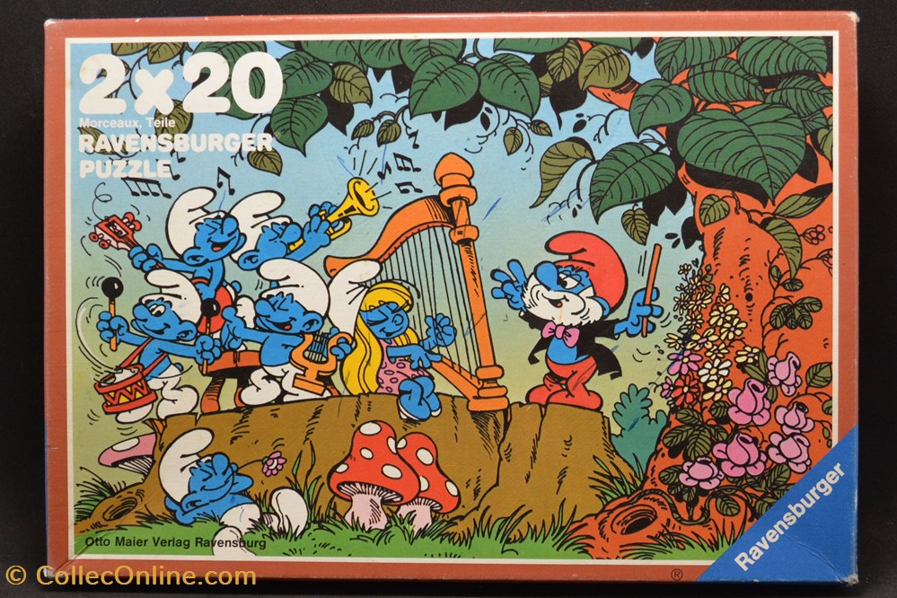 jeux de societe jouets casse tete puzzle schtroumpf ravensburger 1983 2x20 pieces le concert le theatre schtroumpf
