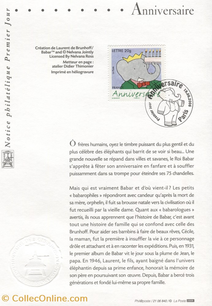 timbre france notice 1er jour neuf 2006 anniversaire babar