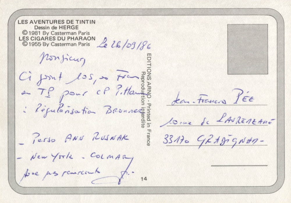 Carte - Casterman - 10x15 - 1981 - Les cigares du Pharaon cartes postales carte casterman 10x15 1981 les cigares du pharaon