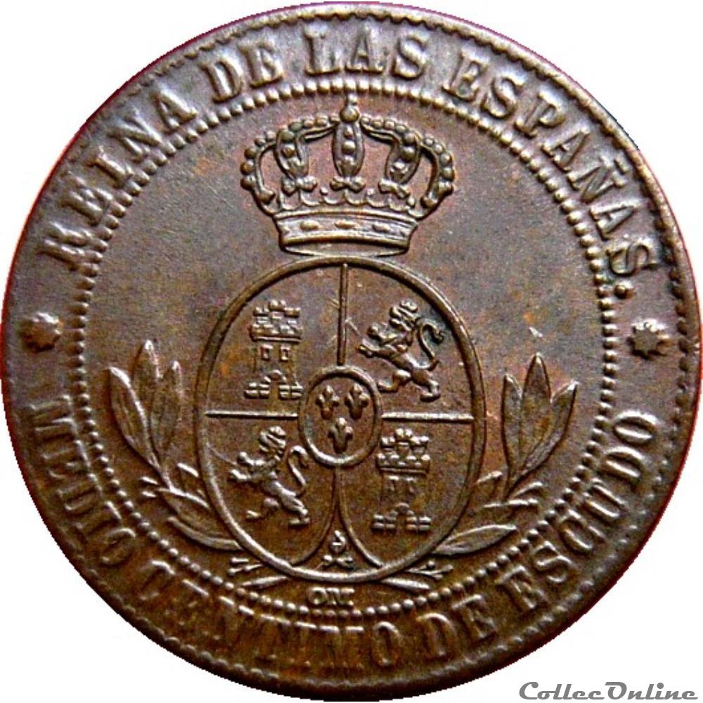 ESPAGNE 1/2 (Medio) Centimo de Escudo Isabelle II 1866 (Oeschger Mesdach & CO) KM.19/632.1 2 monnaie monde espagne 1 2 medio centimo de escudo isabelle ii 1866 oeschger mesdach co km 19 632 1