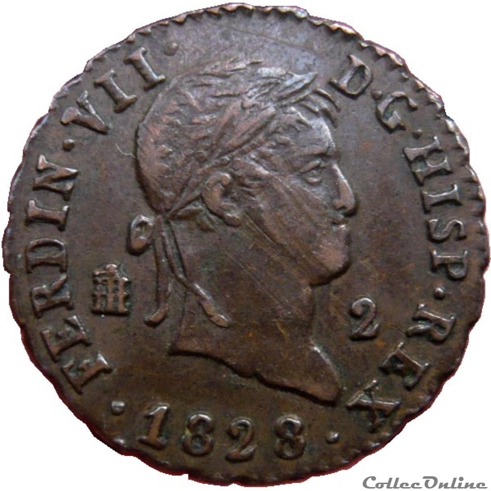 ESPAGNE 2 Maravedis Ferdinand VII 1828 Ségovie KM.19/487.1 monnaie monde espagne 2 maravedis ferdinand vii 1828 segovie km 19 487 1