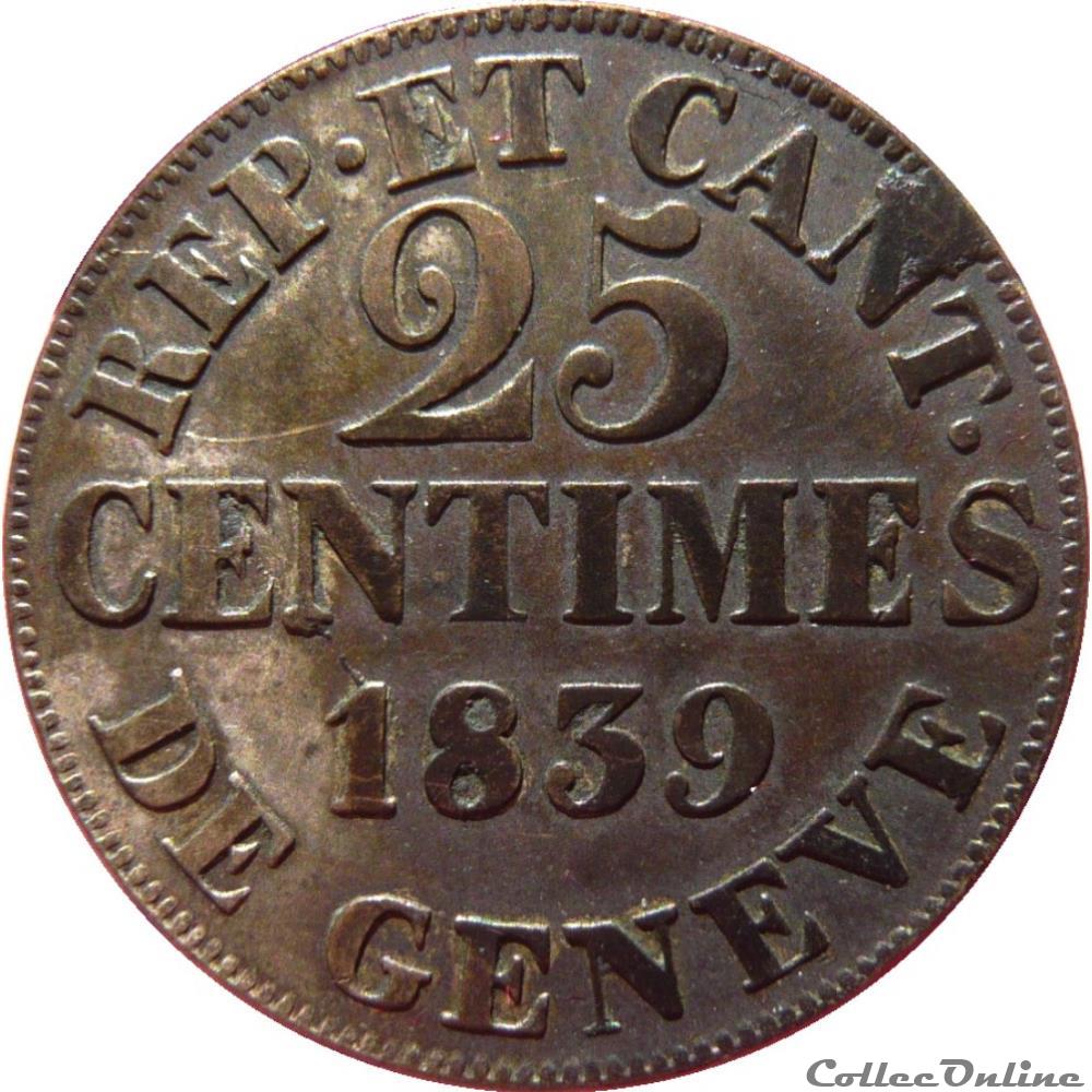 SUISSE 25 Centimes - Canton de Genève 1839 KM19/129 monnaie monde suisse 25 centimes canton de geneve 1839 km19 129