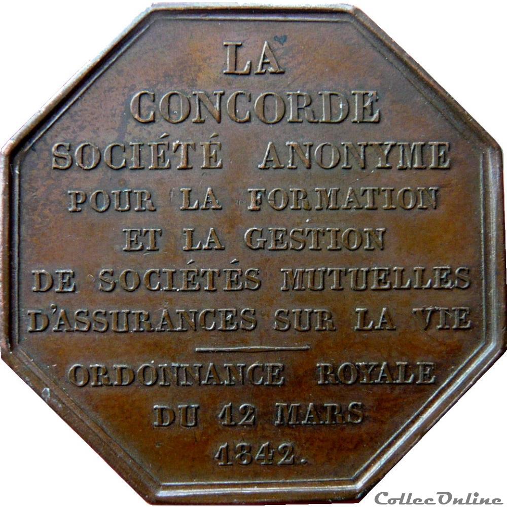ASSURANCES La Concorde 1842 monnaie jeton mereaux france assurances la concorde 1842