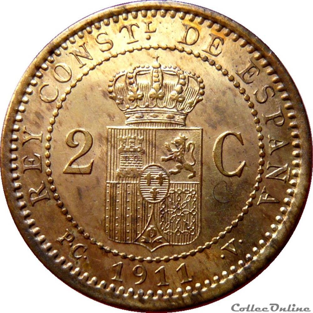 ESPAGNE 2 Centimos Alphonse XIII / armes couronnée 1911 PC V (Madrid) KM.20/732 monnaie monde espagne 2 centimos alphonse xiii armes couronnee 1911 pc v madrid km 20 732
