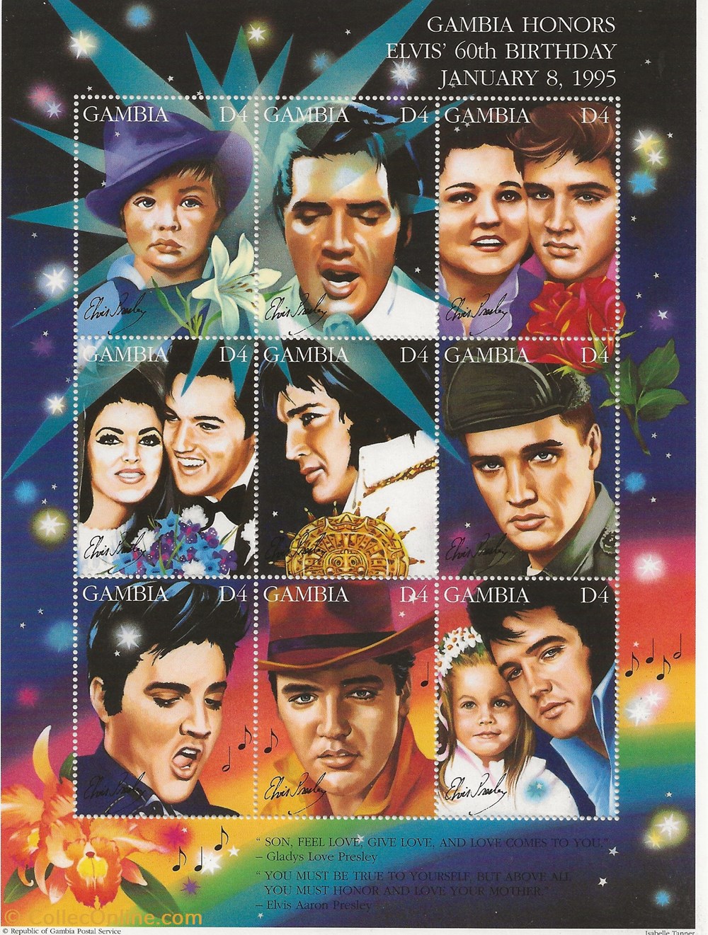 ZZZ Bloc (Gambie) 1995 65ème anniversaire d'Elvis Presley timbres zzz bloc gambie 1995 65eme anniversaire elvis presley