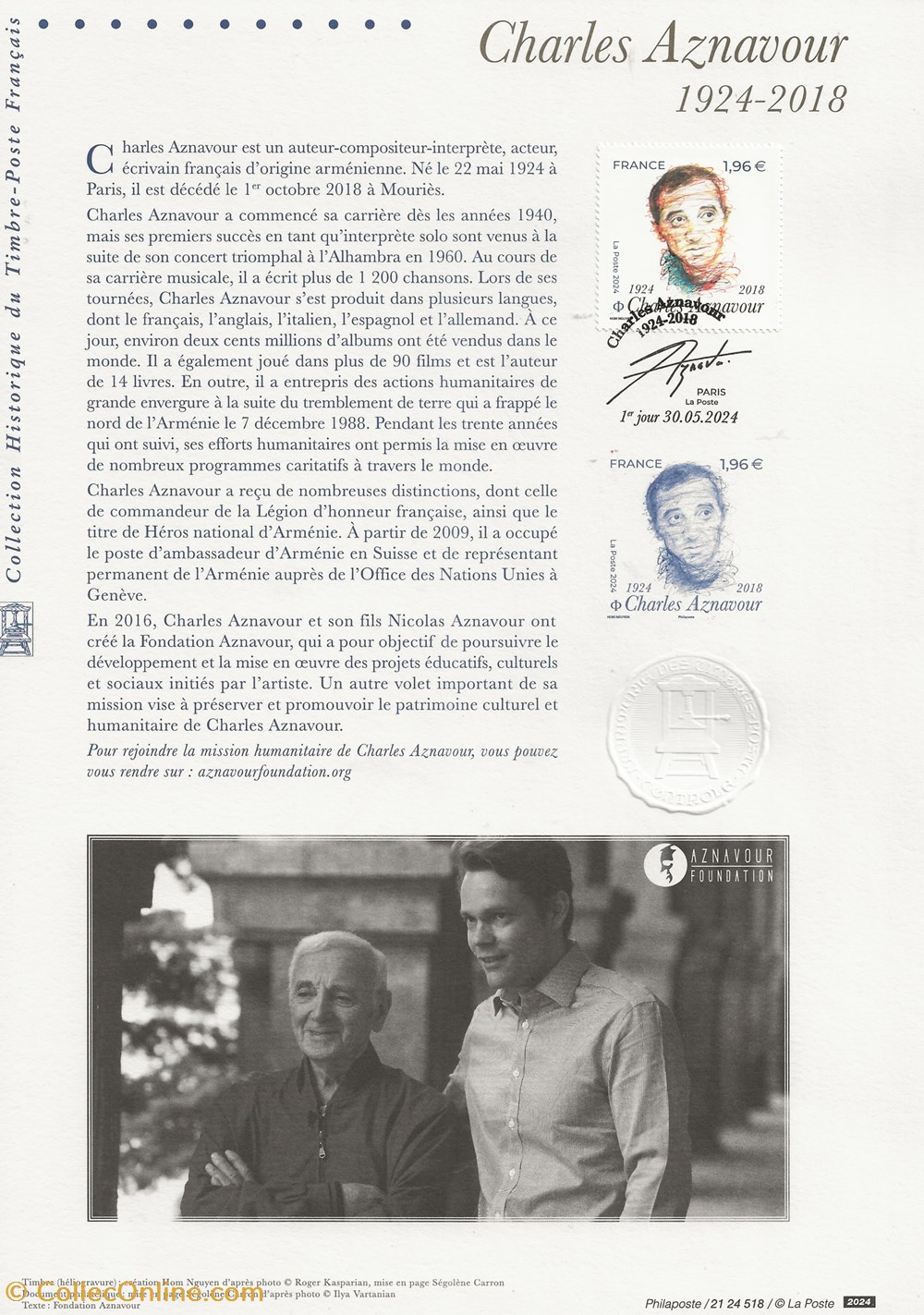 ZZZ 2024 Feuillet Charles Aznavour timbres zzz 2024 feuillet charles aznavour