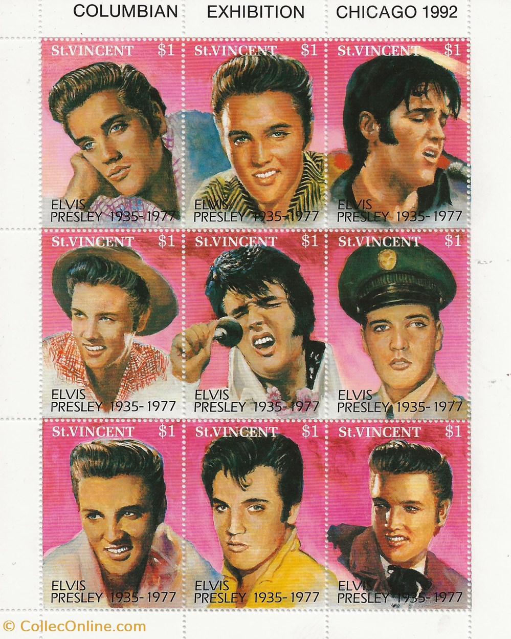 timbres zzz bloc saint vincent 1992 15eme anniversaire de la mort elvis presley chicago exhibition