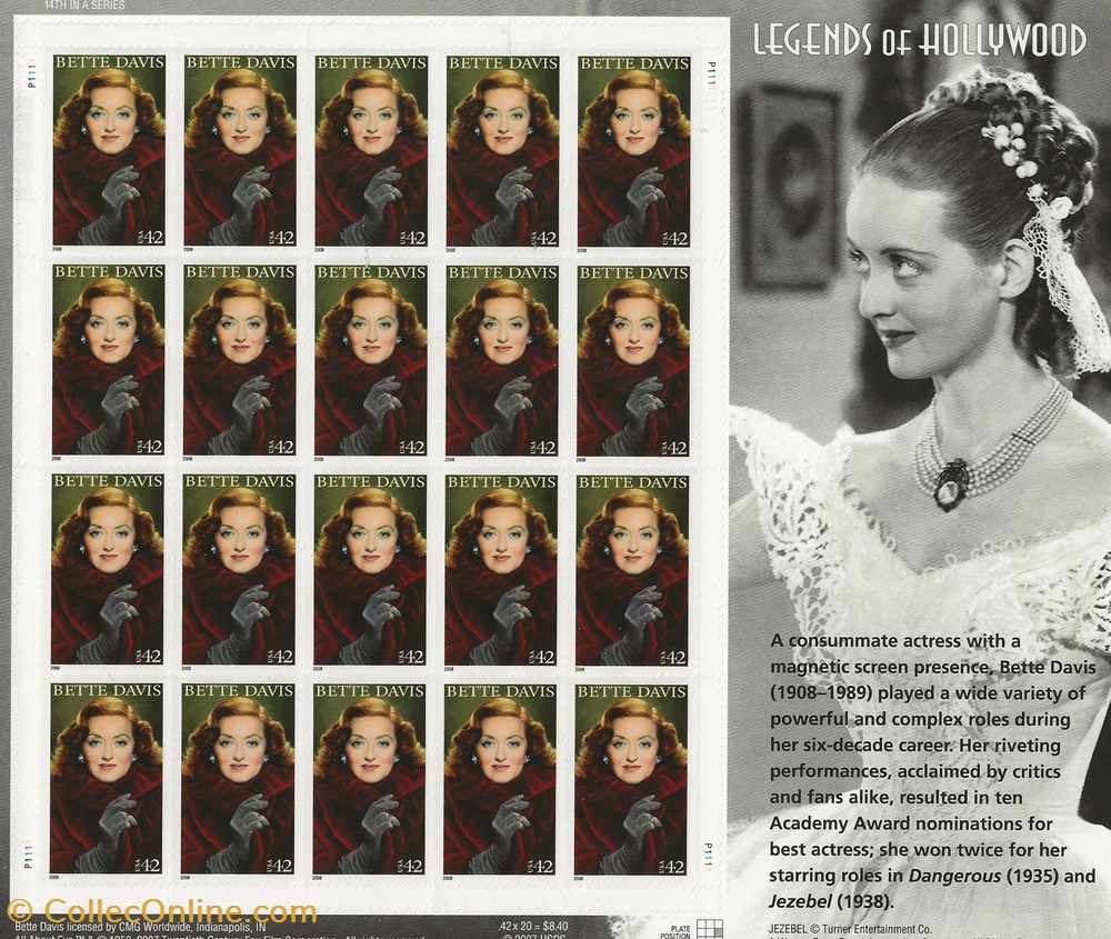 timbres zzz bloc etats unis 2007 bette davis legends of hollywood