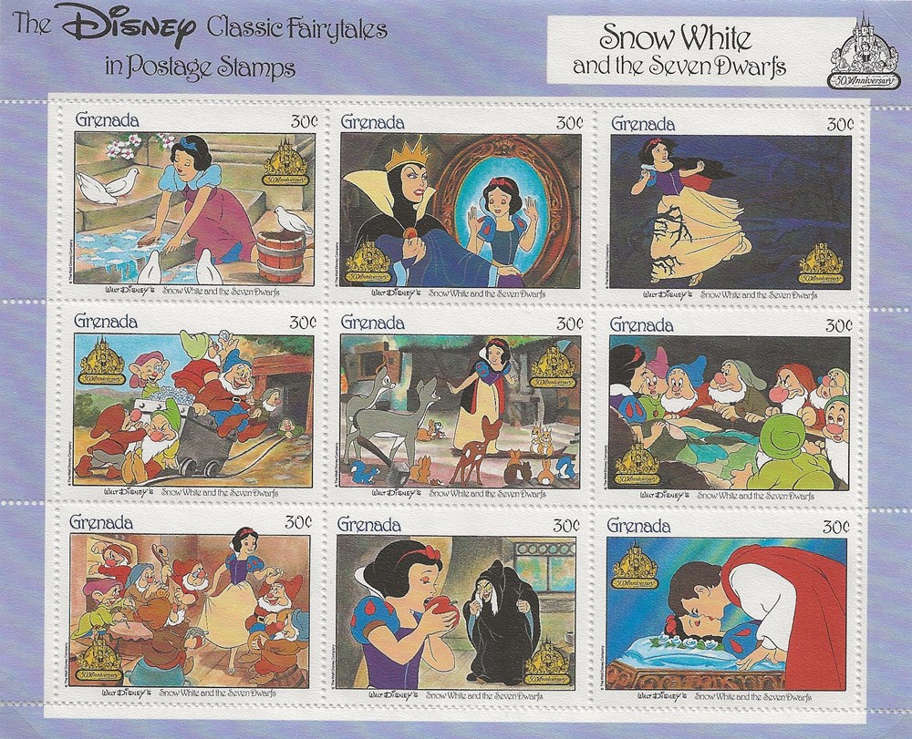 ZZZ Bloc (Grenada) Snow white and the seven dwarfs Walt Disney (1) timbres zzz bloc grenada snow white and the seven dwarfs walt disney 1