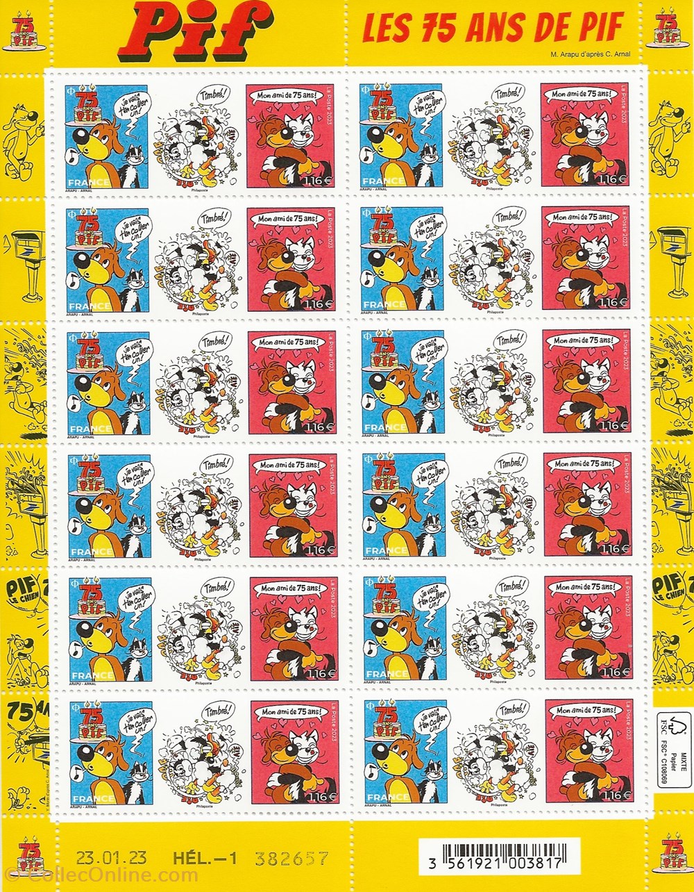 timbres zz feuillet pif le chien
