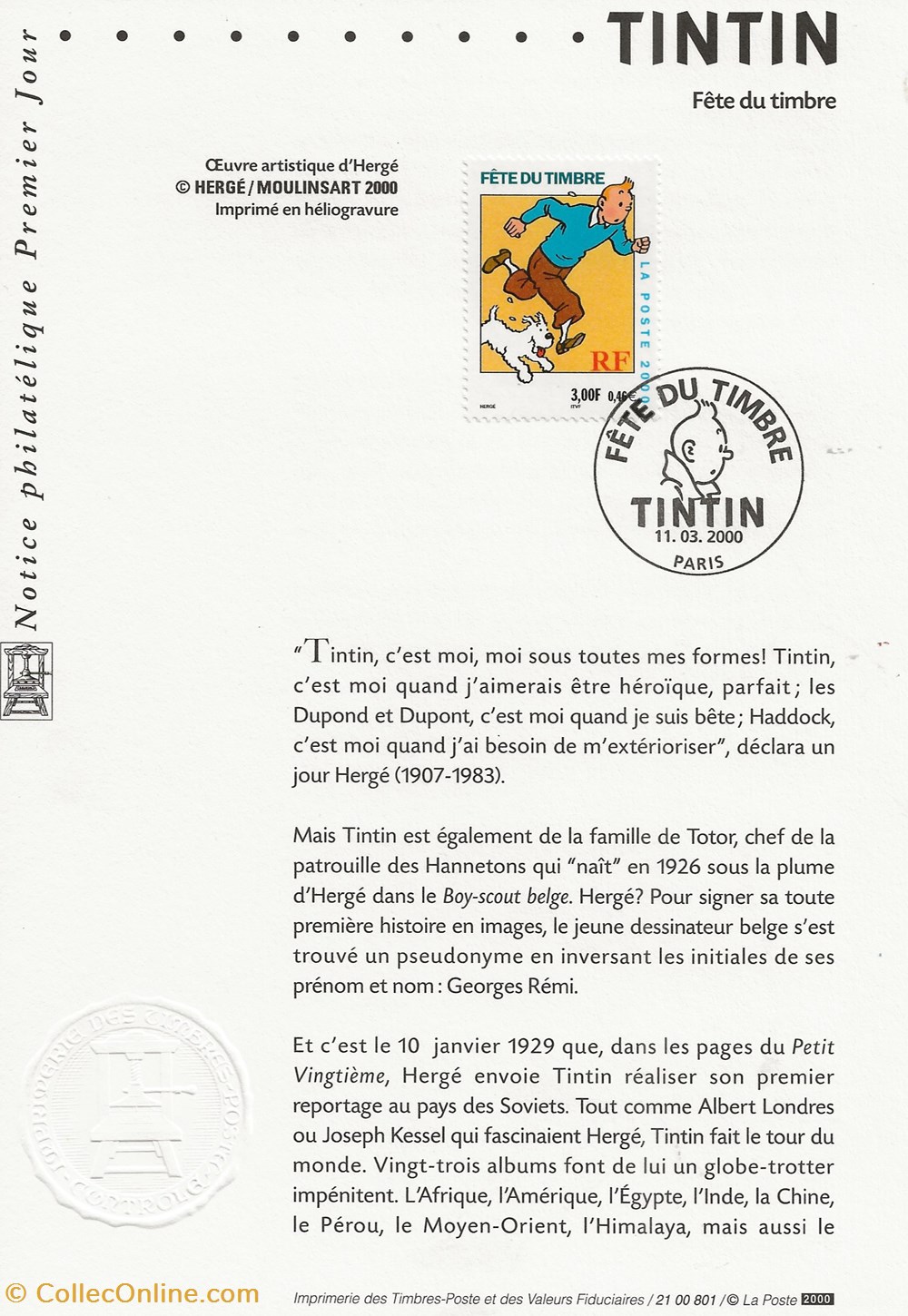 timbres paris 75 2000 tintin