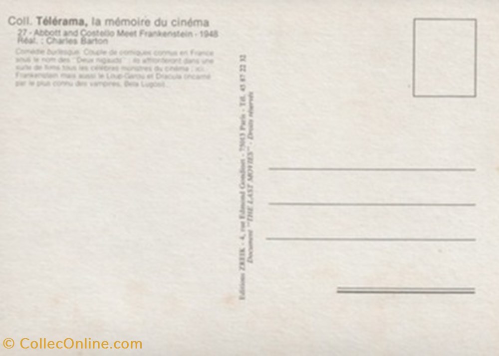 cartes postales autres abbott et costello contre frankenstein