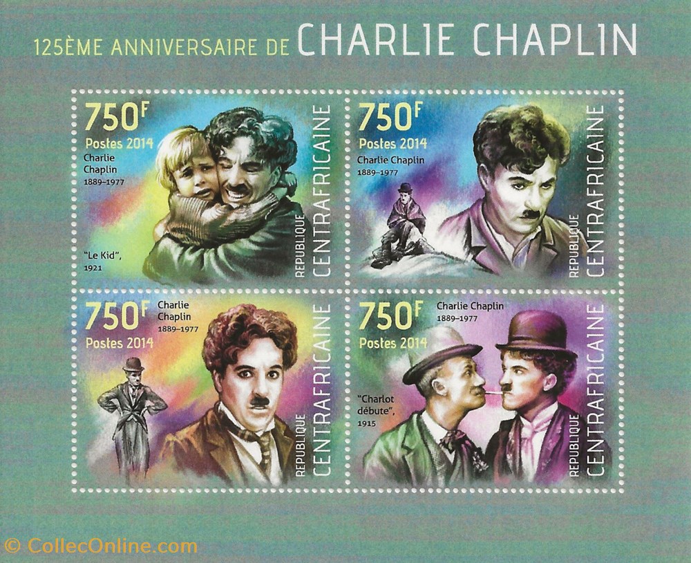 ZZZ Bloc (République Centrafricaine) 2014 125ème anniversaire de Charlie Chaplin timbres zzz bloc republique centrafricaine 2014 125eme anniversaire de charlie chaplin