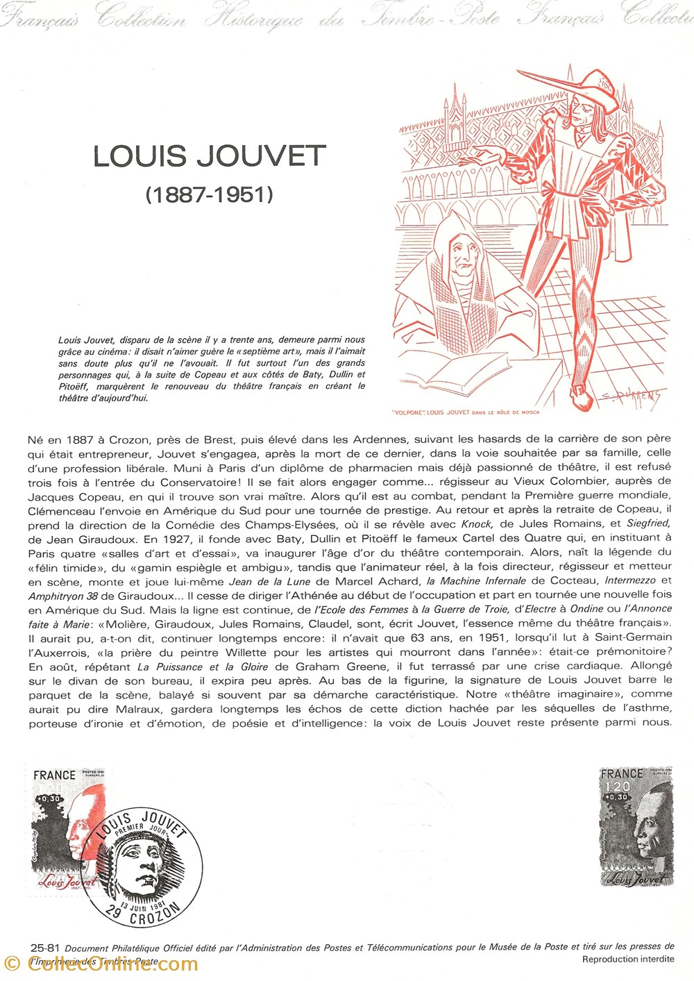 ZZZ 1981 Document philatélique Louis Jouvet timbres zzz 1981 document philatelique louis jouvet