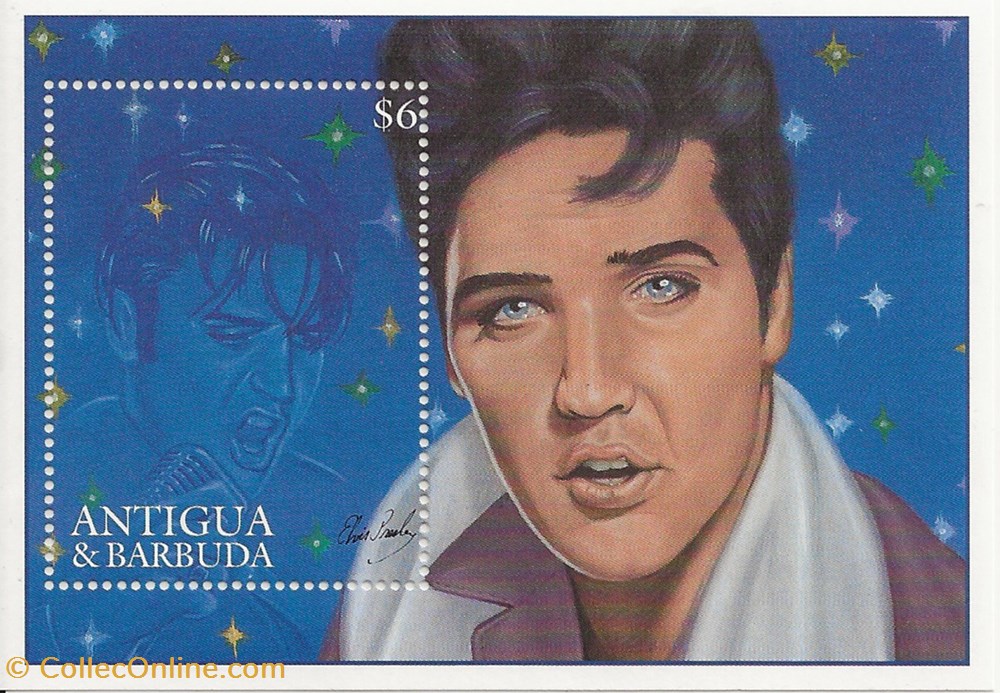 ZZZ Bloc (Antigua & Barbuda) 1995 65ème anniversaire d'Elvis Presley timbres zzz bloc antigua barbuda 1995 65eme anniversaire elvis presley