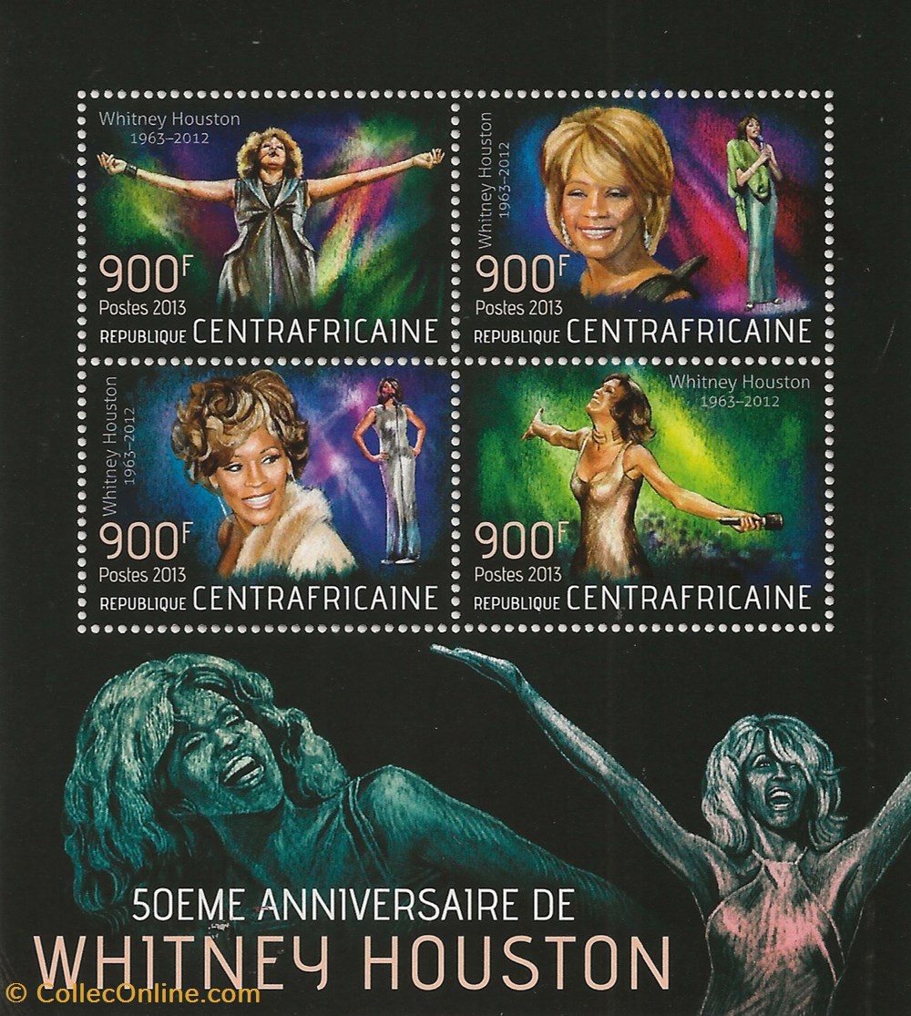 timbres zzz bloc republique centrafricaine 2013 50eme anniversaire de whitney houston