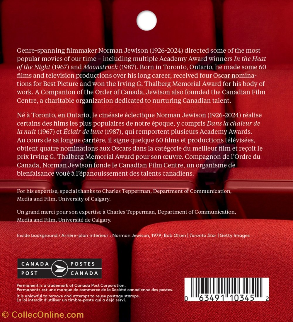 ZZZ Carnet (Canada) 2024 Norman Jewison 3 timbres zzz carnet canada 2024 norman jewison