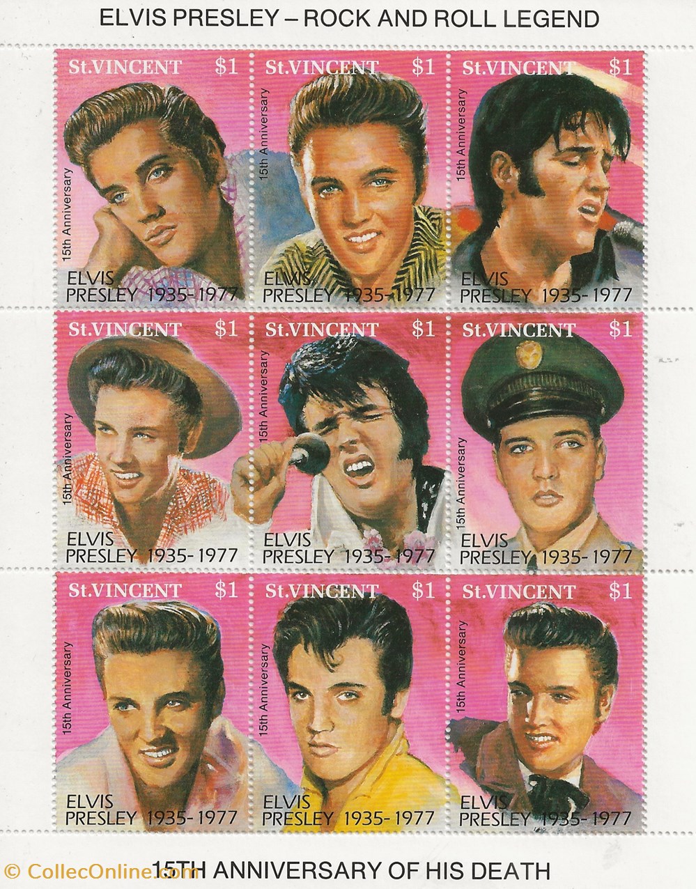 timbres zzz bloc saint vincent 1992 15eme anniversaire de la mort elvis presley chicago exhibition