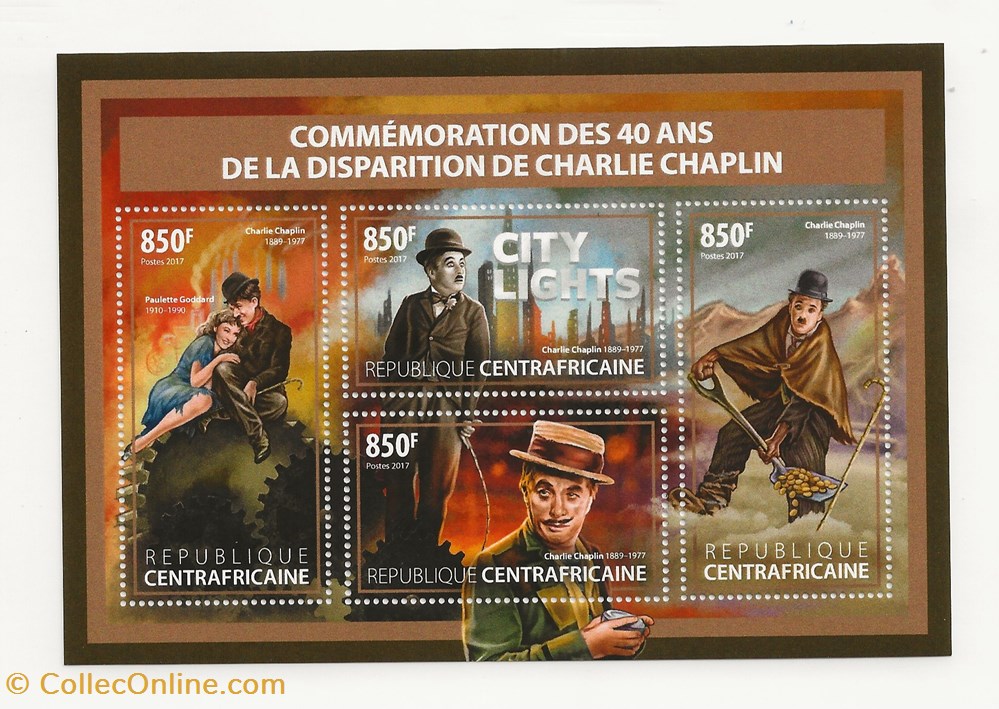 ZZZ Bloc (République Centrafricaine) 2017 Charlie Chaplin timbres zzz bloc republique centrafricaine 2017 charlie chaplin