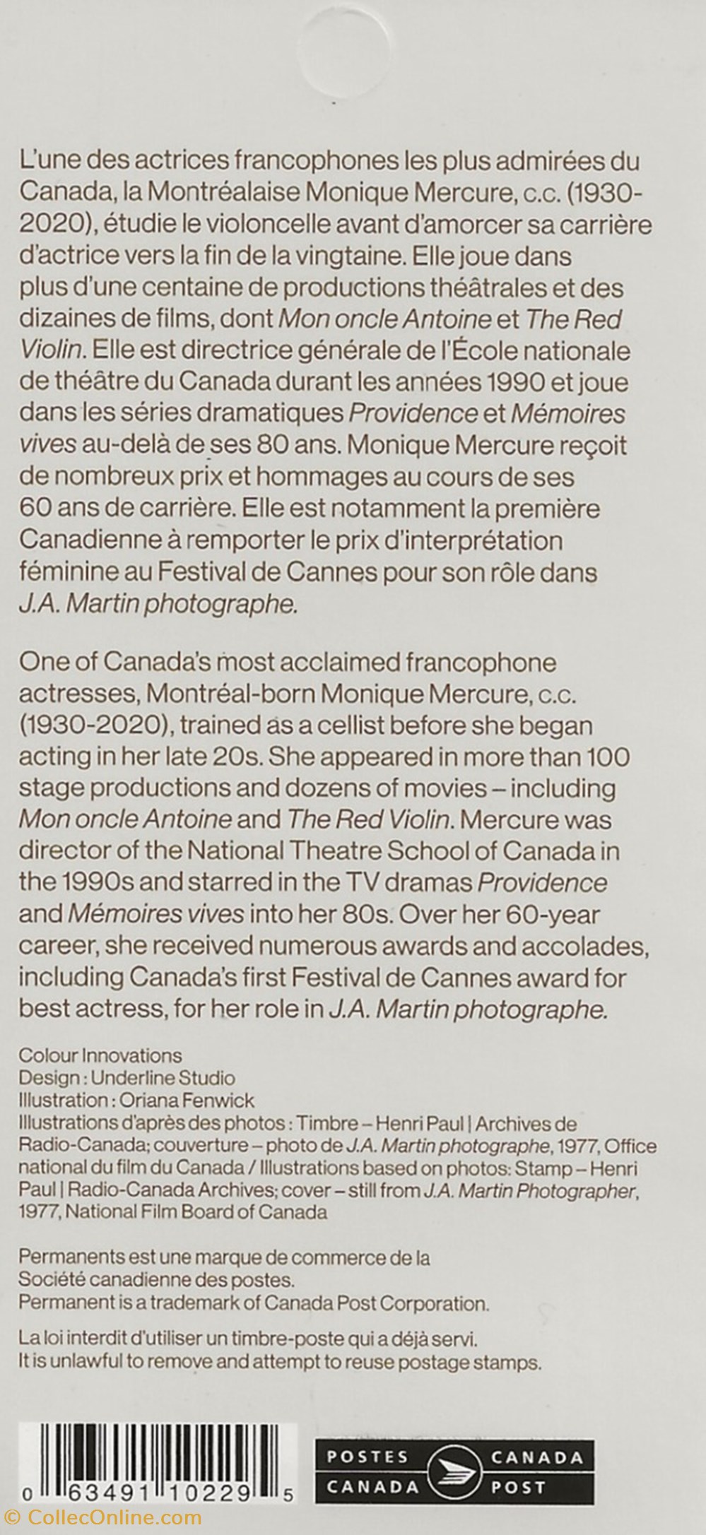 ZZZ Carnet (Canada) 2022 Monique Mercure 3 timbres zzz carnet canada 2022 monique mercure