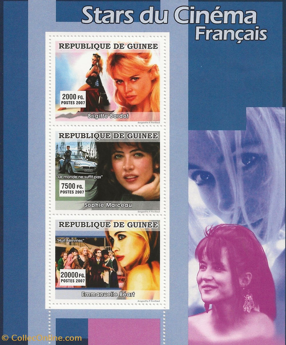 ZZZ Bloc (Guinée) 2007 Stars du cinéma français timbres zzz bloc guinee 2007 stars du cinema francais