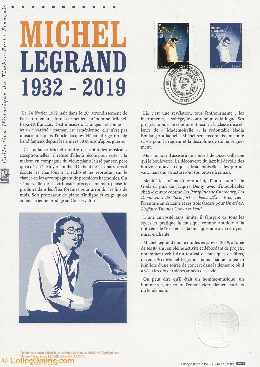 ZZZ 2024 Feuillet Michel Legrand 2 timbres zzz 2024 feuillet michel legrand