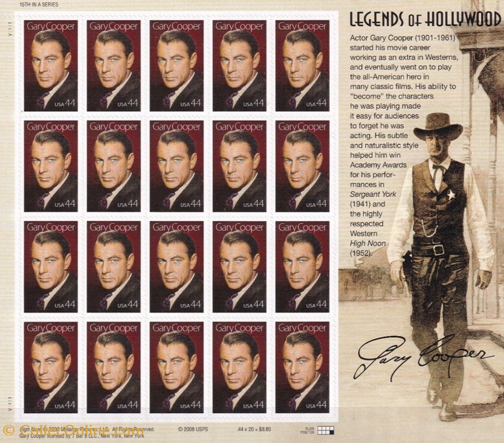 ZZZ Bloc (Etats-Unis) 2008 Gary Cooper - Legends of Hollywood timbres zzz bloc etats unis 2008 gary cooper legends of hollywood