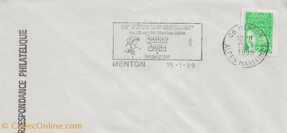 Menton (06) 1999 66ème Fête du citron - Lucky Luke timbres menton 06 1999 66eme fete du citron lucky luke