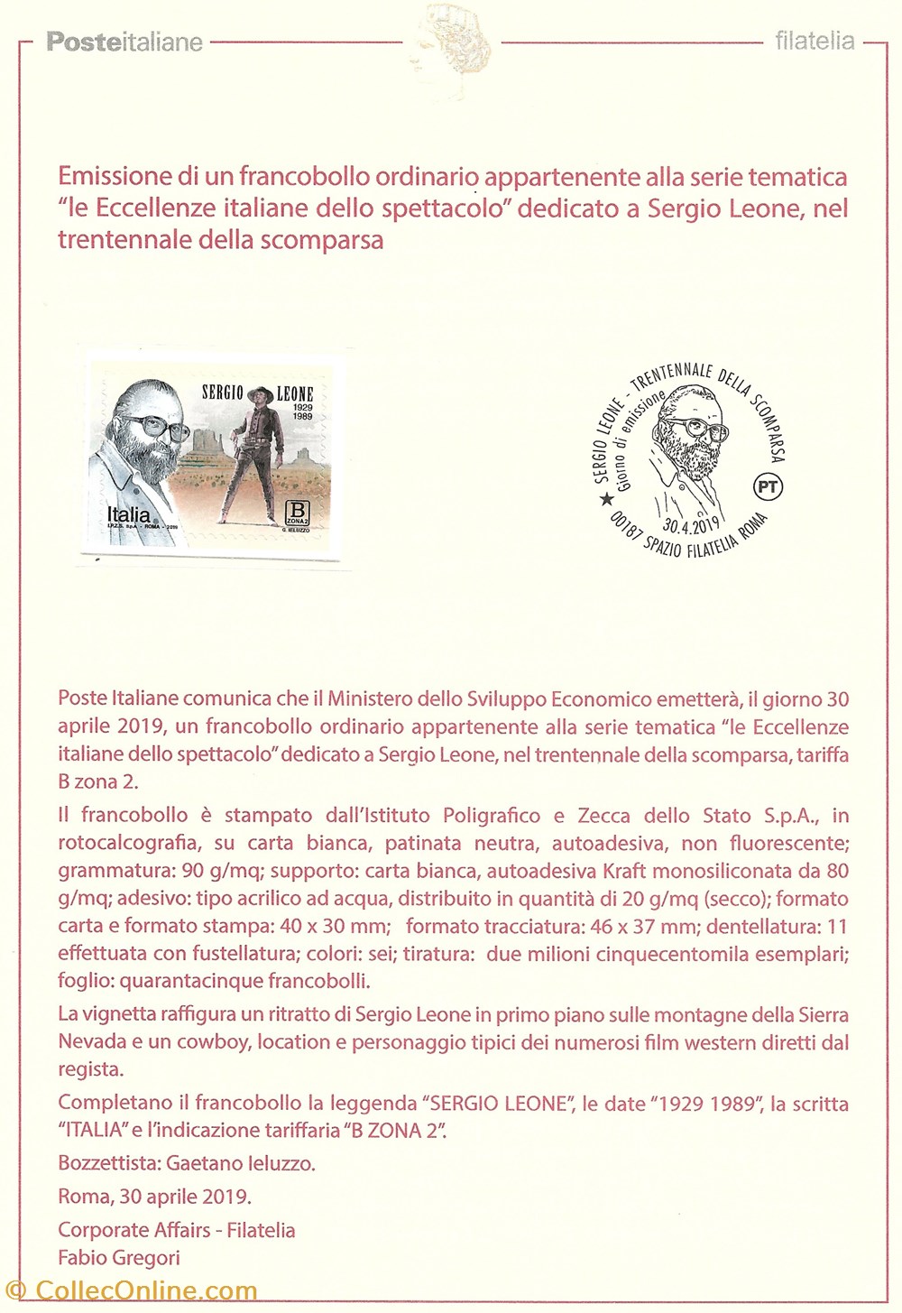 ZZZ Encart (Italie) 2019 Sergio Leone timbres zzz encart italie 2019 sergio leone