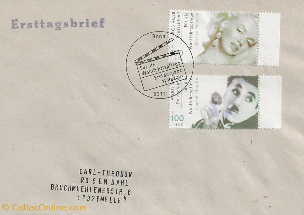 timbres bonn allemagne 2001 marylin monroe et charlie chaplin