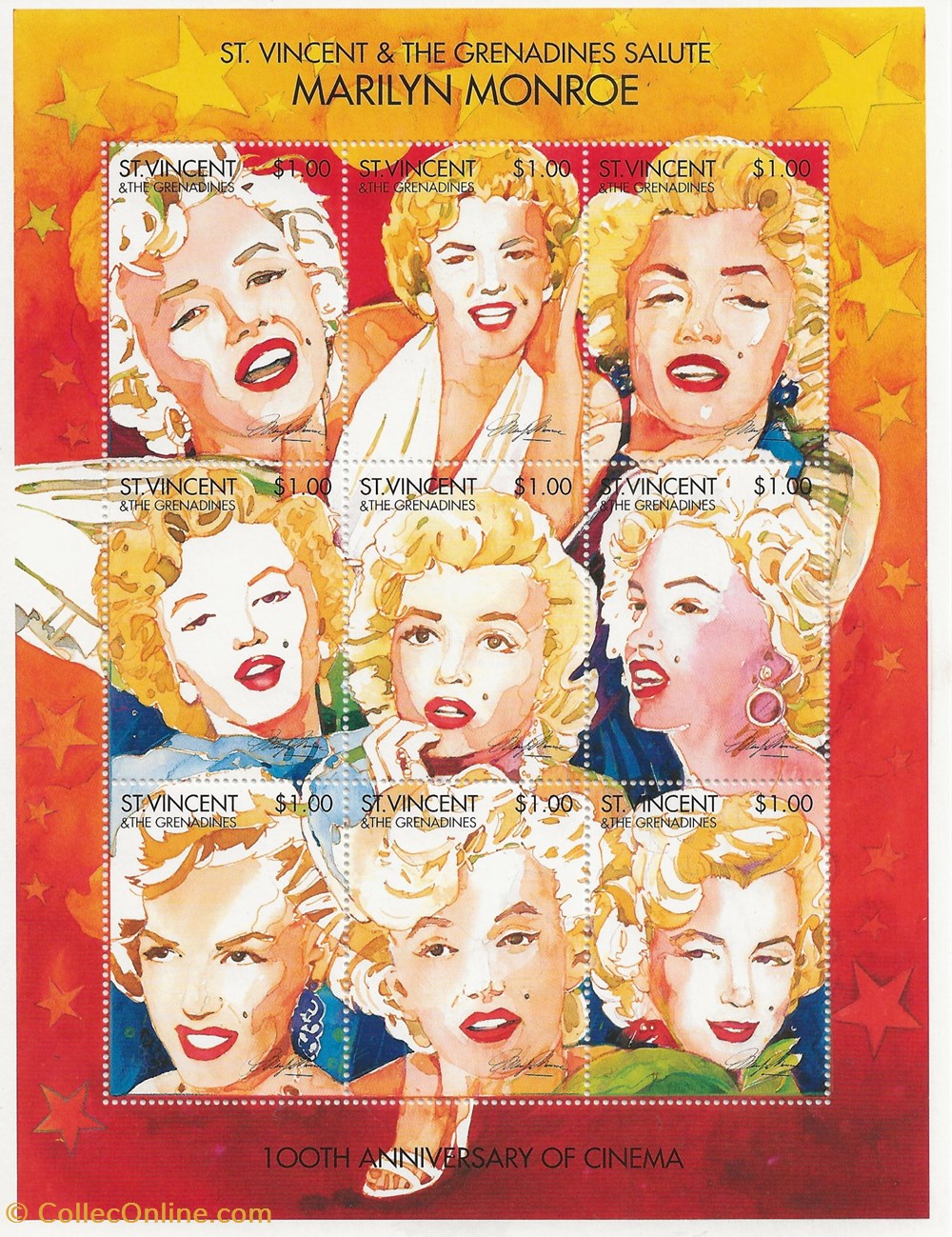 timbres zzz bloc saint vincent grenadines 1995 centenaire du cinema