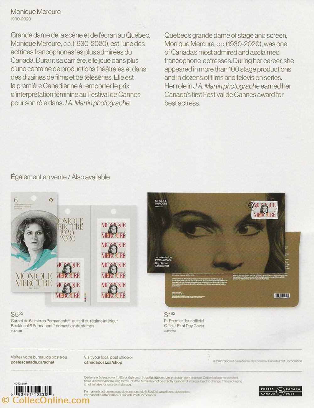 ZZZ Carnet (Canada) 2022 Monique Mercure timbres zzz carnet canada 2022 monique mercure