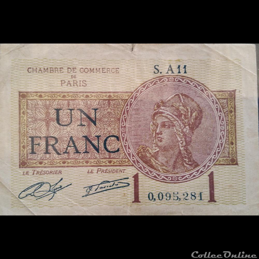 Un Francs-1919 - Chambre de commerce de Paris- billets europe france un francs 1919 chambre de commerce de paris