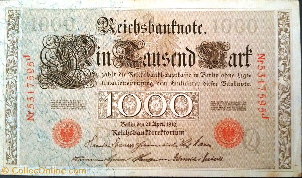 1000 Marks 1910 Rouge billets europe allemagne 1000 marks 1910 rouge