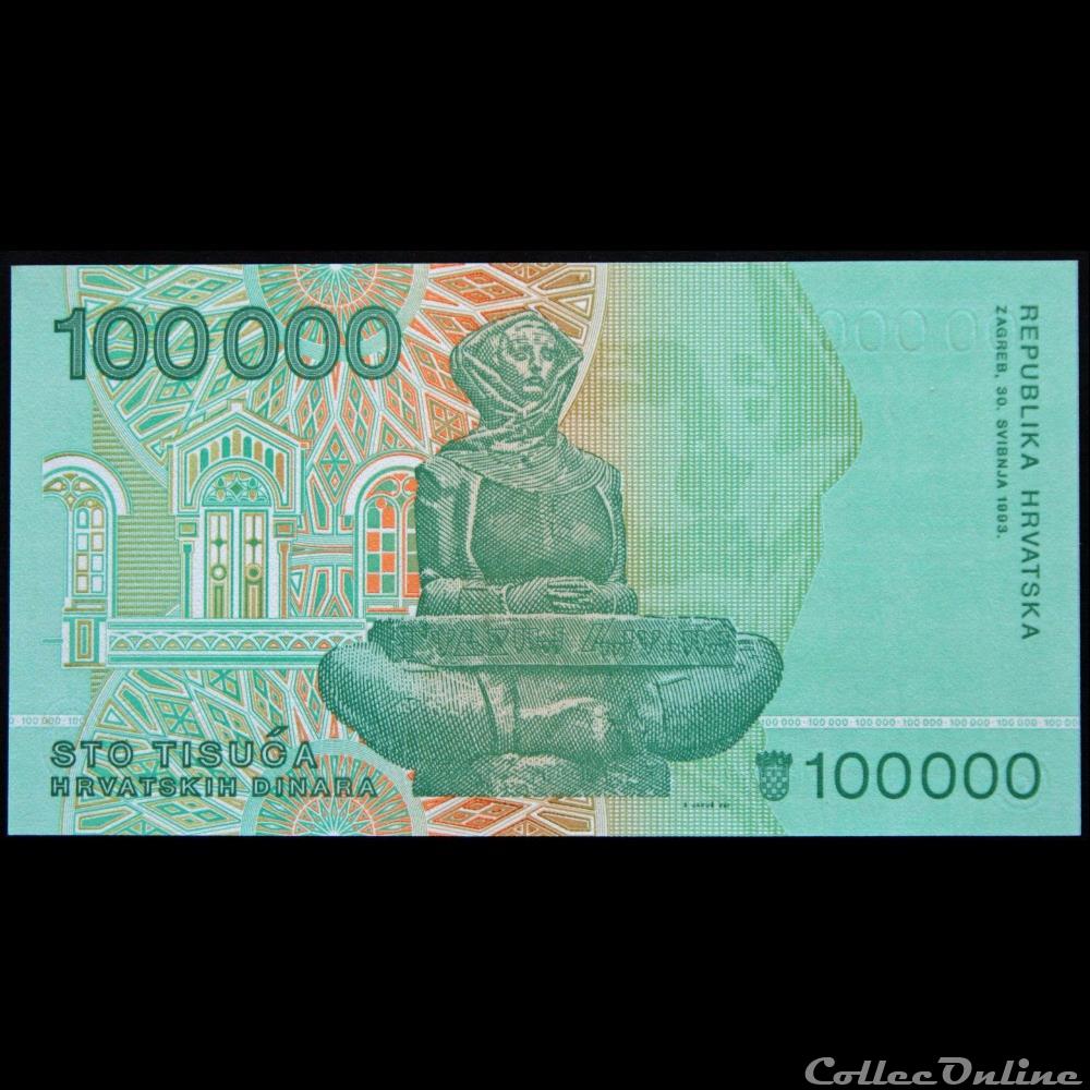 100 000 DINARS DE 1993 billet europe croatie 100 000 dinars de 1993