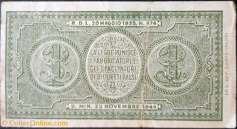 1 Lira 1944 billets europe italie 1 lira 1944
