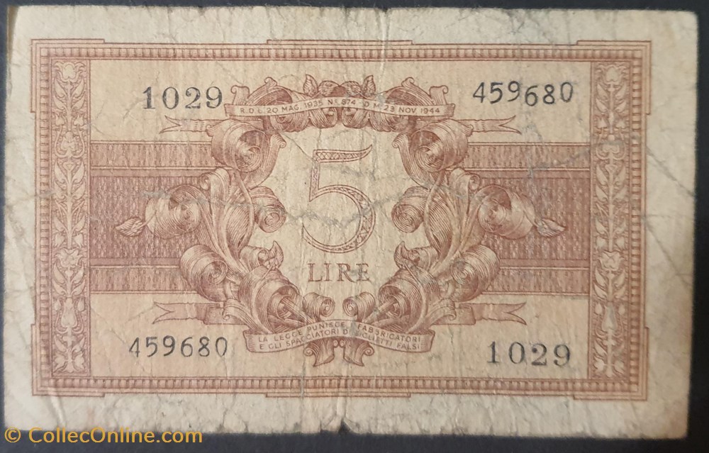 5 Lire 1944 billets europe italie 5 lire 1944