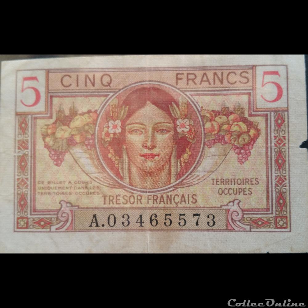 billets europe france cinq francs tresor francais territoires occupes