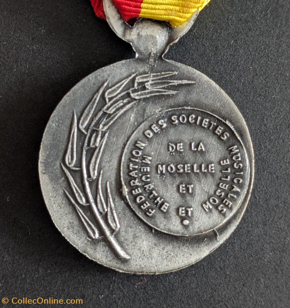 Médaille de la fédération des sociétés musicales de Moselle et Meurthe-et-Moselle (modèle 1) medailles medaille de la federation des societes musicales de moselle et meurthe et moselle modele 1
