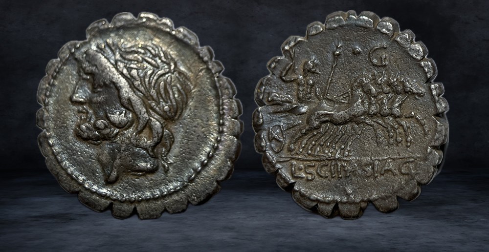 L. SCIPIO ASIAGENUS (106 BC) coins ancient to romans imperial and republican l scipio asiagenus 106 bc