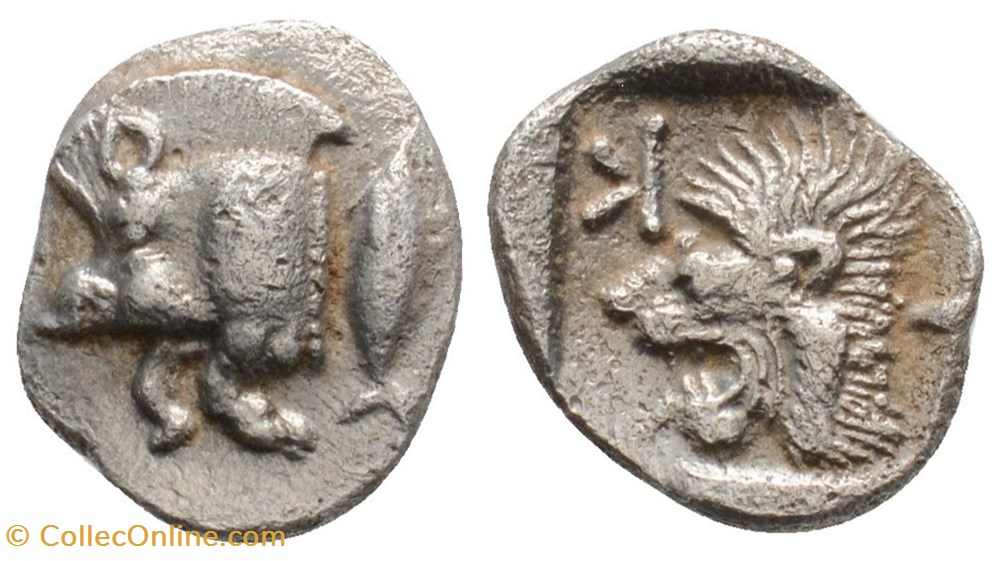 CJS0201010025 - Mysia - Kysikus; AR Obol; 480 BC a 475 BC moedas antigas gregas cjs0201010025 mysia kysikus ar obol 480 bc a 475 bc