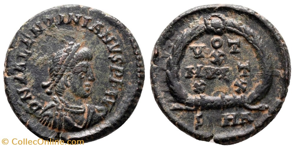 RC15020373 - VALENTINIANVS II; AE 1/2 Centenionalis; HERACLEA; 383 AD moedas antigas b romanos imperiais republicanos rc15020373 valentinianvs ii ae 1 2 centenionalis heraclea 383 ad