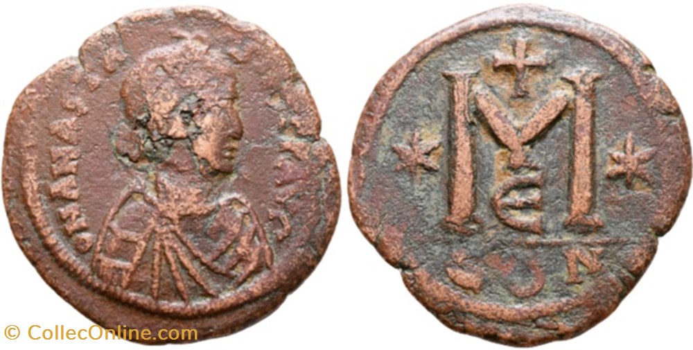 RCB21SearB2012 - Anastasivs I - AE Follis or 40 Nvmmis - 491 a 518 moedas bizantinas the empire of anastasius to mauritius tiberius rcb21searb2012 anastasivs i ae follis or 40 nvmmis 491 a 518