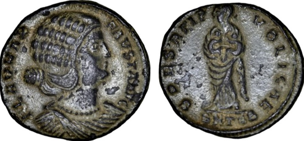 RC12016550 - FAVSTA Avg - Bi Centenionalis; Thessalonica; 326 AD moedas antigas romanos imperiais republicanos rc12016550 favsta avg bi centenionalis thessalonica 326 ad